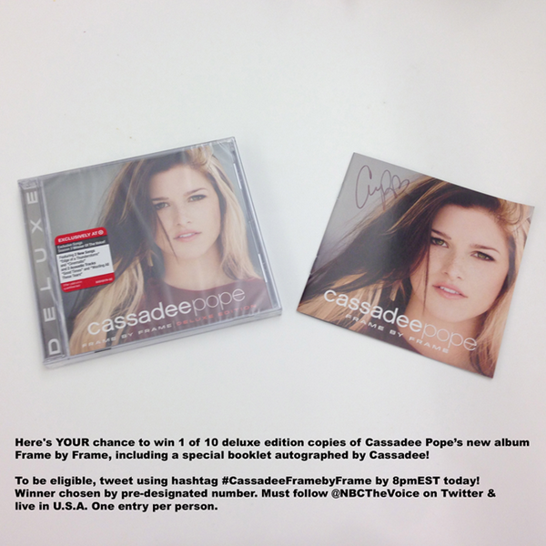 NBCTheVoice's tweet photo. Tweet w/ #CassadeeFramebyFrame NOW for a chance to win this @CassadeePope autographed CD package! Rules next tweet: http://t.co/2Bhodlw735