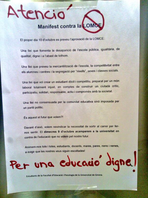 PadrosClaudia's tweet photo. La UdG contra la LOMCE. Aquesta llei implica a tota la societat, no us deixeu marejar ni enganyar! #xqsocials http://t.co/CxJ1XEe7Og