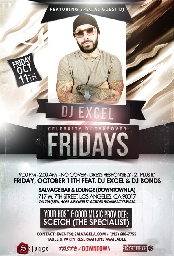 DTLAEvent411's tweet photo. Friday 10/4 - Check out @iamscetch @DJBONDS and special guest DJ @djexcel at @Salvage_LA 9p - 2a. No Cover. http://t.co/zKrhA4ImIL