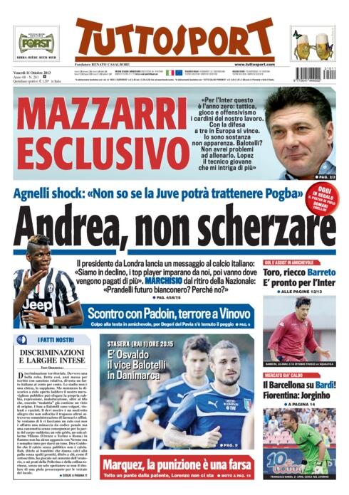 tuttosport's tweet photo. #EDICOLA Mazzarri esclusivo. #Angnelli: "Non so se la @juventusfc potrà trattenre #Pogba " http://t.co/ziNJgml34l http://t.co/NV6RaM0G57