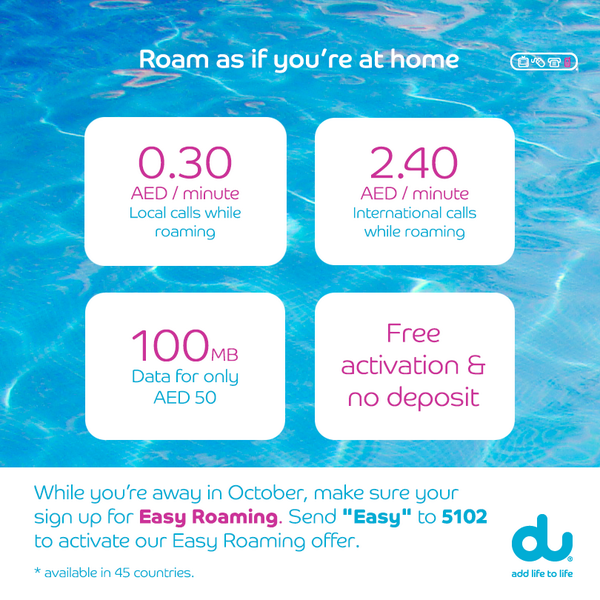 dutweets's tweet photo. With #EasyRoaming, you can now make calls while abroad at UAE rates. Send "Easy" to 5102 to activate it for free. http://t.co/4n1O3W96Qz