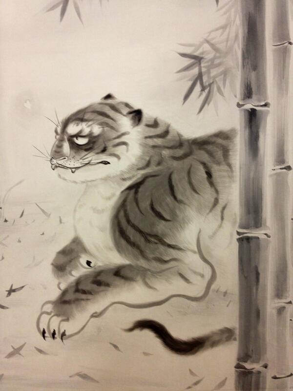 木村了子 狩野派の虎をアレンジして描きました 清須会議 柴田勝家のお部屋の襖絵です イメージは恋する雄虎 人間のイケメンはいませんが上野の森美術館11月17日まで 是非お出かけ下さい Http T Co Mifbyoipfh