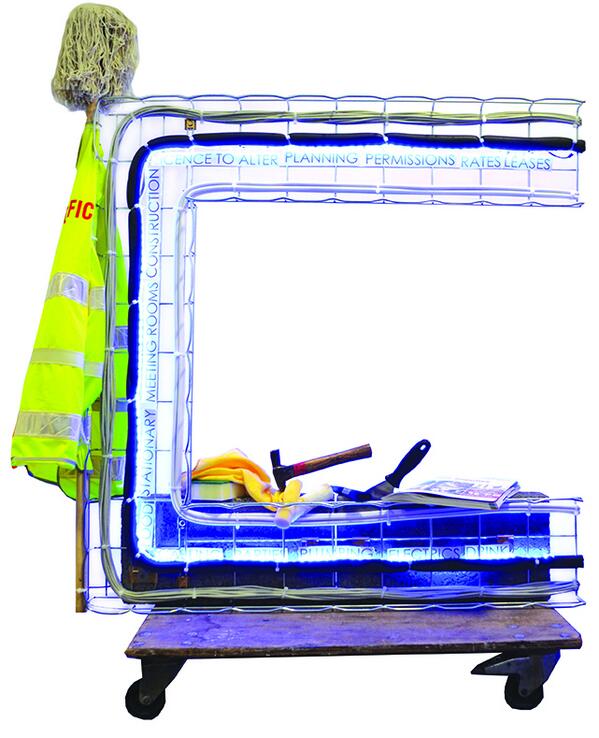 OMG_UK's tweet photo. Facilities' 'C' is built with mop, hammer ... and neon blue strip. Finding a creative way to use cable trays #FCEX http://t.co/hBUmMSukJy