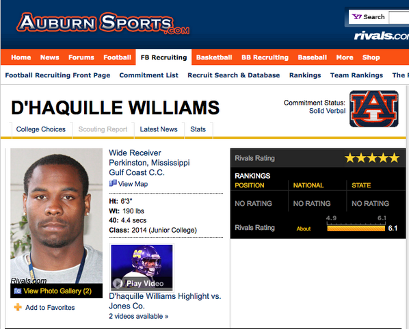 AuburnBunker's tweet photo. Miss. Gulf Coast C.C. WR and #Auburn commit D'haquille Williams is now a 5-star on @Rivals http://t.co/m7t9UvqylQ http://t.co/8uWjF8txBf