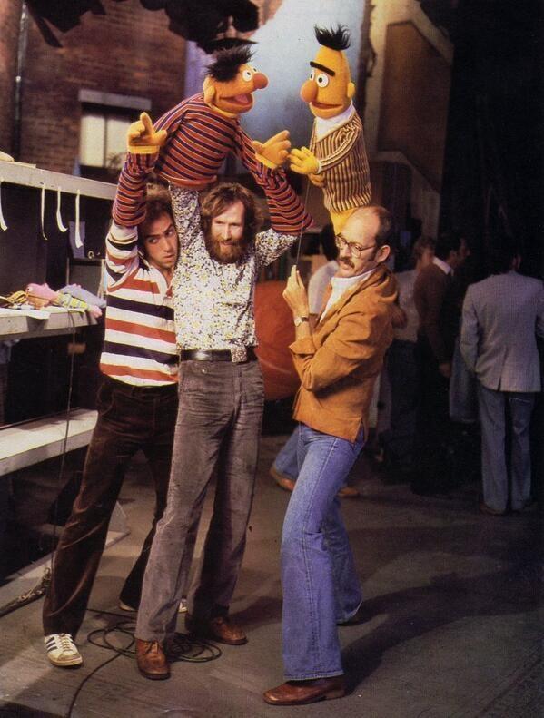 HistoryInPics's tweet photo. Behind (or under) the scenes of Bert and Ernie on Sesame Street, with Jim Henson and Frank Oz. http://t.co/1BRpUALYIw
