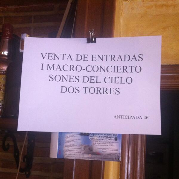 BarMercado1's tweet photo. Si todavía no tienes tu entrada para el I Macro-Concierto Sones del Cielo de Dos Torres aún estas a tiempo. http://t.co/Rhh4bUKJNt