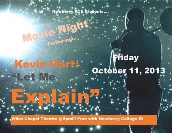 NCStudentLife's tweet photo. Hey guys remember that #MovieNight is tonight!!! ACE presents: Kevin Hart “let me explain” @ 8pm! http://t.co/xSFyM2WQ0b