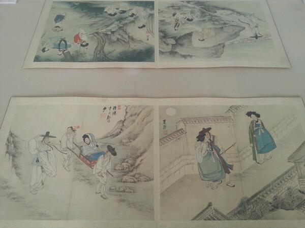 ##간송미술관의 2013년 가을정기전이 내일부터 열림. 이번 전시는 조선 문화절정기를 이끈 김홍도, 신윤복, 김득신 등 화원들의 걸작을 선보임. 그림은 신윤복의 전신첩. 오른쪽 아래 야릇한 월야밀회.