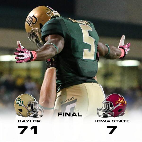 Baylor's tweet photo. #BUHC13 exclamation point! RT @BUFootball: Dominating performance by the Bears tonight. #Baylor wins, 71-7. #SicISU http://t.co/LYl3d5oatN