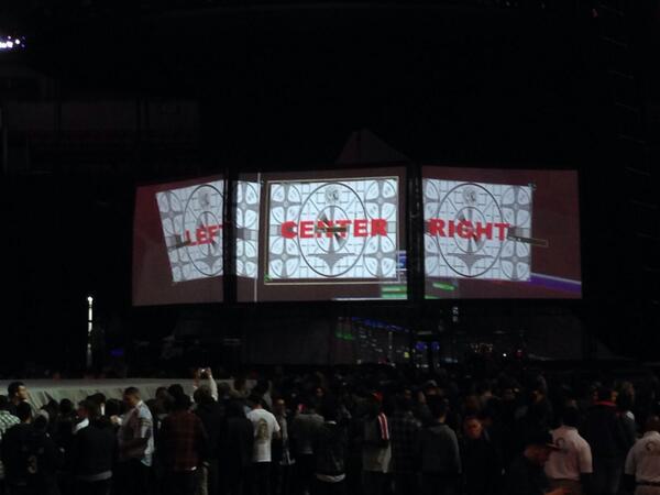 DJHyphen's tweet photo. Stage crew still working on aligning cameras/projectors. Clearly lots of production tonight for #yeezus http://t.co/JoqVBJSStw