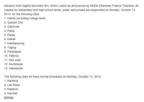 DepEd_PH's tweet image. Here's a list of #walangpasok &amp;amp; #maypasok in NCR tomorrow, Oct. 14. twitlonger.com/show/n_1rpndmk