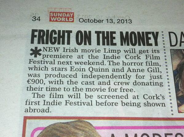 @LimpMovie got a nice mention in today's @sundayworld about it's premiere in @IndieCork #indiefilm #arthousehorror