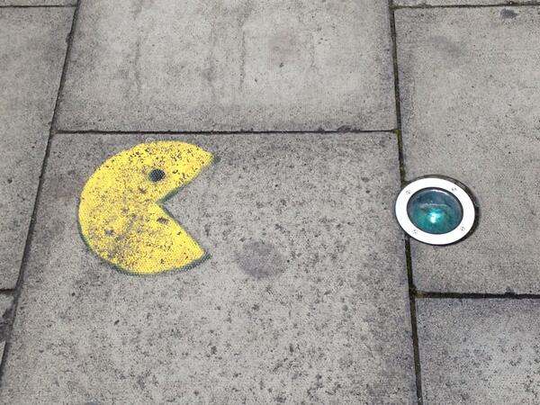 coffee in a cup (@coffee_in_a_cup) on Twitter photo pac-man's new job: chasing pavement lights in dublin :) #art #streetart #graffiti #dublin #pacman #videogame pac-man's new job: chasing pavement lights in dublin :) #art #streetart #graffiti #dublin #pacman #videogame
