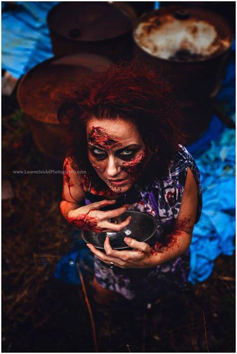 All it takes is a container of Liquid Latex, Bloody scab, regular Halloween face makeup, and a little blood spray!