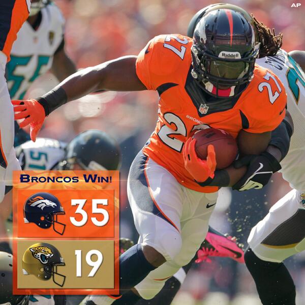 Broncos's tweet photo. Final score: #Broncos 35, Jaguars 19. Denver improves to 6-0 on the season! http://t.co/bhRApkgsJe