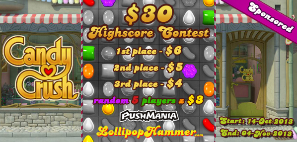 PushMania's tweet image. Play #CANDYCRUSH game and #win #money $30 in #contest from #PushMania: on.fb.me/YFa3vZ