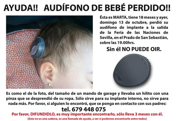 Inmalopera's tweet photo. Audífono de #bebé #perdido en #Sevilla en Festival de las Naciones.Sin él no puede oír.Tlfno 679448075.@festinaciones http://t.co/O7LERjhZve