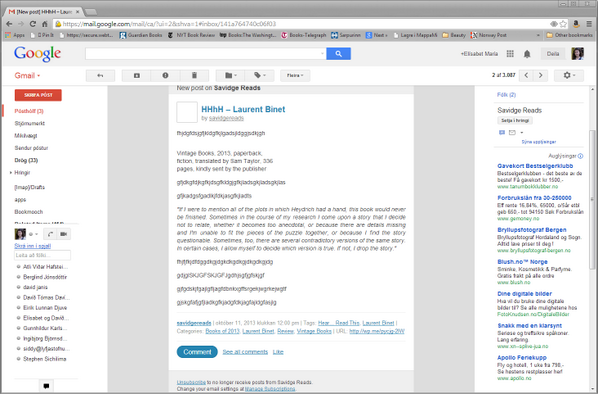 ElisabetMaria's tweet photo. @SavidgeReads I have received a few emails with new posts from your blog that look like the enclosed. For your info:) http://t.co/nqPL82LWeO
