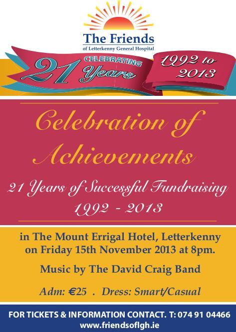friendsoflgh's tweet photo. Celebration of Achievements Night Fri 15th Oct Mt Errigal Hotel Buffet Dinner &amp; Music by David Craig Band Tickets €25 http://t.co/YQDUTiCUVv