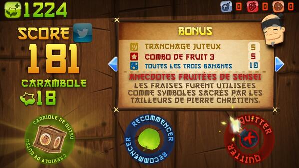 J'ai obtenu 181 points au mode Arcade de Fruit Ninja sur iPhone ! bit.ly/s28E3O