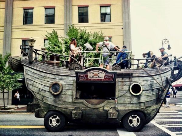 VisitSavannah's tweet photo. On the way to lunch and got stopped by Antonio Banderas driving a #Pirate Ship! #Savannah #SpongeBob2 #movie http://t.co/pivFAddEVn