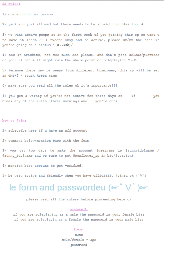 sunflower_rp's tweet photo. rules + how to join and password o u o;; http://t.co/XOvPjsoa4Z