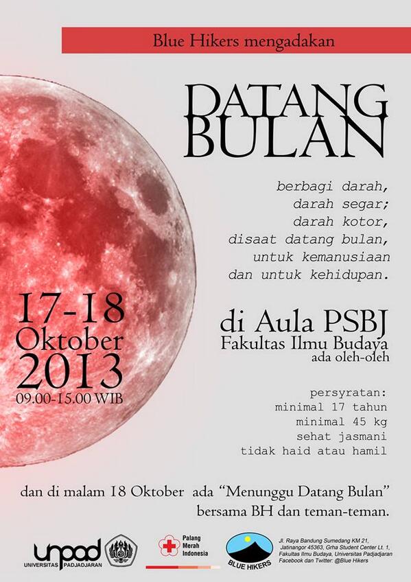 #DonorDarah Kamis - jumat, 17 - 18 okt 13 | 09.00-15.00 | Aula PSBJ FIB Unpad | cp: <a href="/Bluehikers/">Blue Hikers</a> (Ali) 085221287642