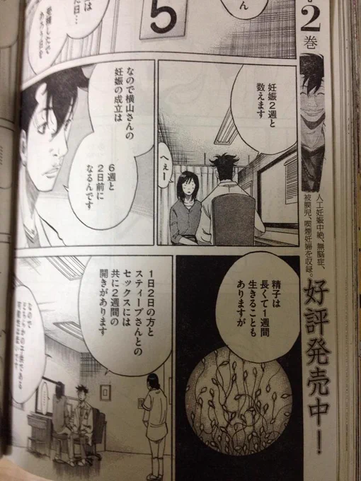 先週号のこのページ。スタッフのシンちゃんに「精子描いて」と頼むと「俺、アシ経験長いけど、精子描けって言われたの初めてだ」と言って描いてくれた。見事に元気そうな精子でした! 
