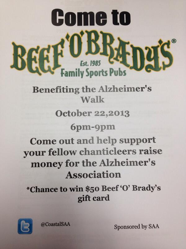 CoastalSAA's tweet photo. What are you doing next Tuesday? Come support SAA from 6-9 @ Beef O' Brady's. http://t.co/44PKTHfHmQ