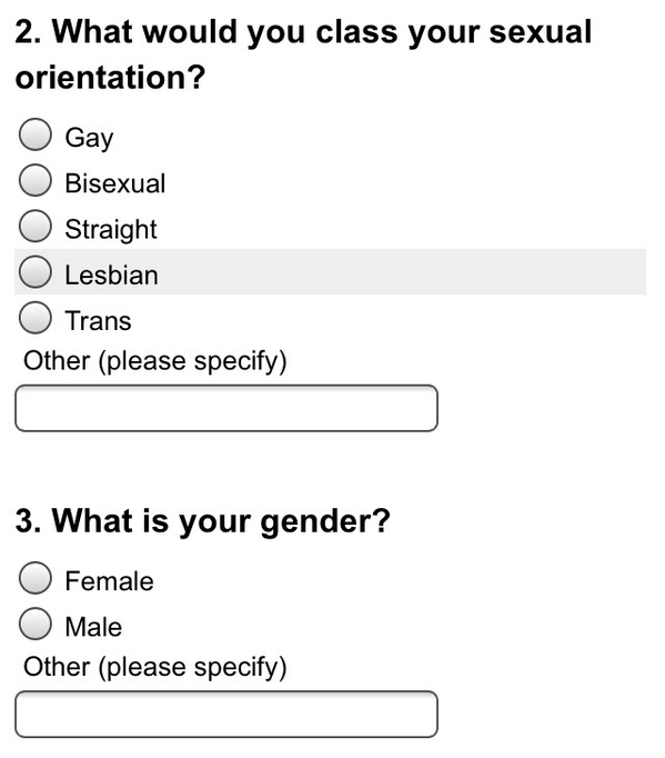 AprilFitchett's tweet photo. So a local pride lists trans as a sexual orientation but at least they have a 'other' box for both areas http://t.co/GoIvF8VPZn