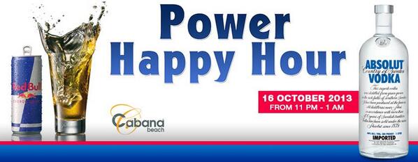 Vanavond @ cabanna Power happy hour absolut vodka red bull voor Nafl 7,50! Be there!