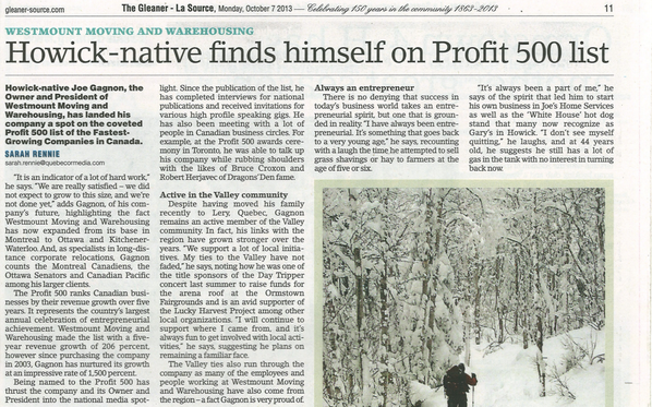 westmountmoving's tweet photo. Thank you "Journal The Gleaner/ La Source"! Our very own, Joe Gagnon! #Howick #profit500 #canadianbusiness http://t.co/3PAxezqPir