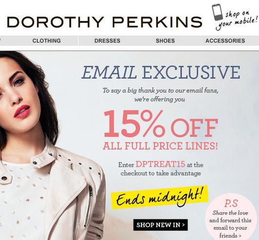 dotSearch's tweet image. Nice touch using a GIF ('Ends midnight' flashing) - to attract attention to a call to action, from @Dorothy_Perkins