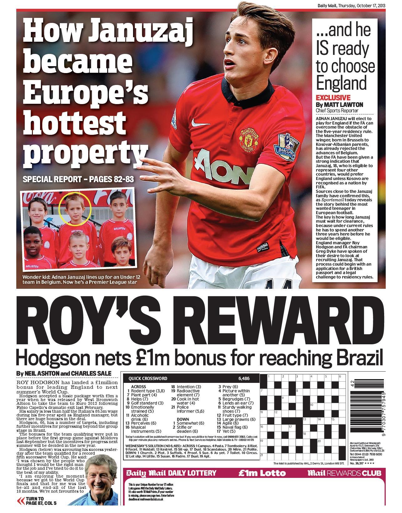 Thursday's Daily Mail back page: Roy's Reward: Hodgon nets ...