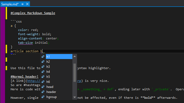 Schabse's tweet image. Coming soon to #WebEssentials: Full syntax highlighting and IntelliSense for code blocks in Markdown! #VisualStudio