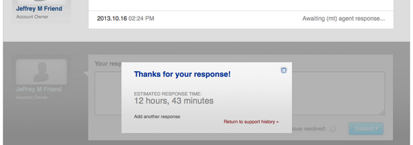 forwardmedia's tweet photo. Support response time: 12 hours, 43 minutes. Glad this one is not urgent. http://t.co/HRm2SQYh1i