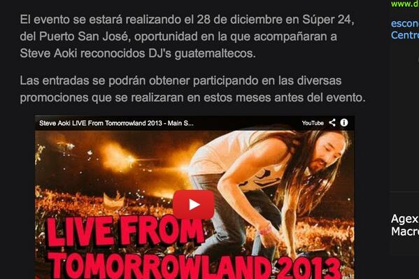 WillyED7's tweet photo. “@francolucia_:  @Paul_727 @AleBran_ @CeballosAndre @freyna90 lo invocaron #SteveAoki #28dic http://t.co/pmztJKYYLV” STEVE AOKI GUATE!!