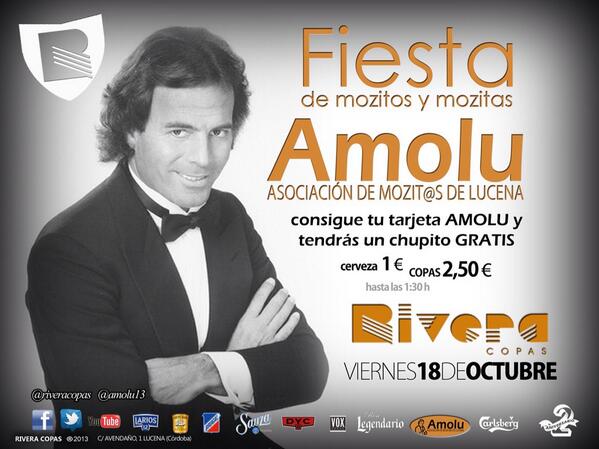 riveraeventos21's tweet photo. #ViernesRivera Fiesta AMOLU! Copas a 2,50€ y cerveza a 1€. Consigue tu tarjeta con sorpresas. La liamos y lo sabes!! http://t.co/95tVsJMVLW
