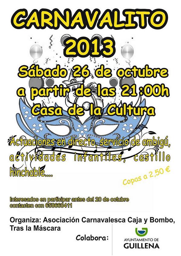 PitodeCarnaval's tweet photo. Participa en Carnavalito 2013 en #Guillena. Abierto el plazo hasta el 20 de octubre. Tlfno: 658 668 411 http://t.co/Q4tgN6vW2z