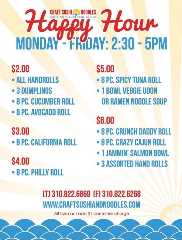 CraftSushi's tweet photo. Have you heard the news?  #HappyHour Mon thru Fri 2:30-5:00pm! Check out the specials below. #CraftSushiandNoodles http://t.co/symtl6Xcxi