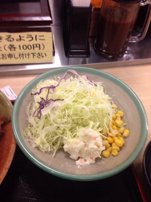 risa61risa's tweet photo. 松◯家っていうトンカツ屋さんのポテトサラダ¥280に意表を突かれました（笑）
ポテトサラダとキャベツの比率
2:8∵ゞ(>ε<; )

みなさん、こういうのが詐欺って言うんですよ（笑） http://t.co/DyOq012LEf