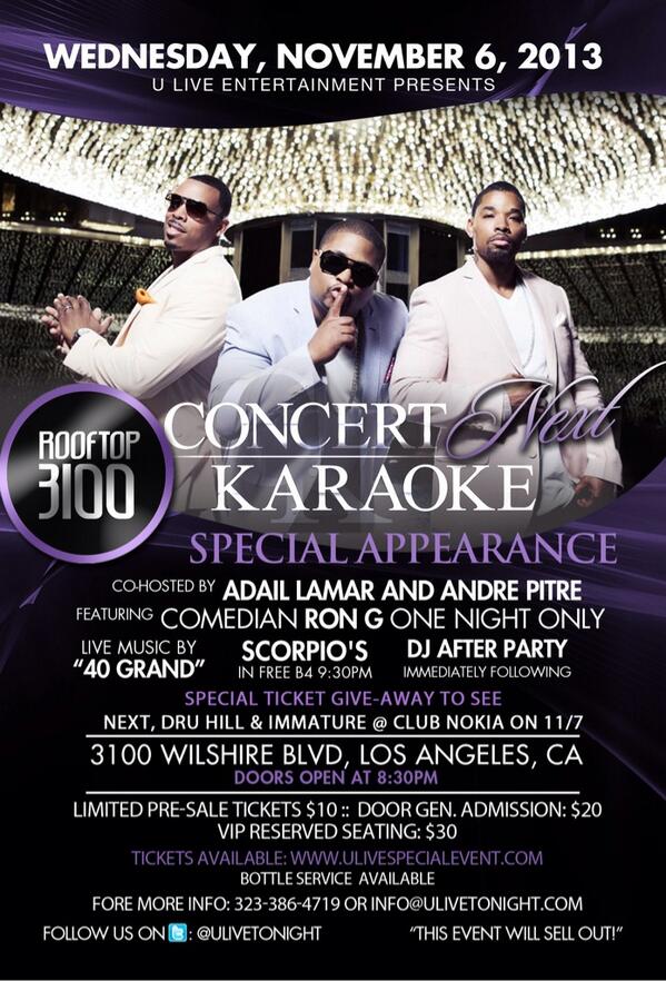 ULiveTonight's tweet photo. 11/6 Concert Karaoke is back - Rooftop 3100. Spec. App. by Next! Ticket giveaways to see Next, Dru Hill, &amp; Immature. http://t.co/ohGGUZ3HEu