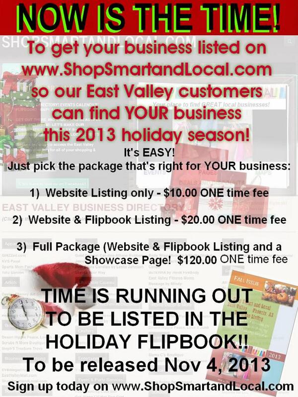 ShopSmartLocal's tweet image. EAST VALLEY BUSINESSES NOW is the time to get YOUR business noticed this 2013 Holiday season!!  #shopsmartandlocal