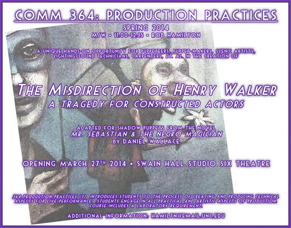 Rob Hamilton will be teaching COMM 364: ProductionPractices this spring MW 11-12:15pm Swain Hall! #puppets 
@CPG_UNC