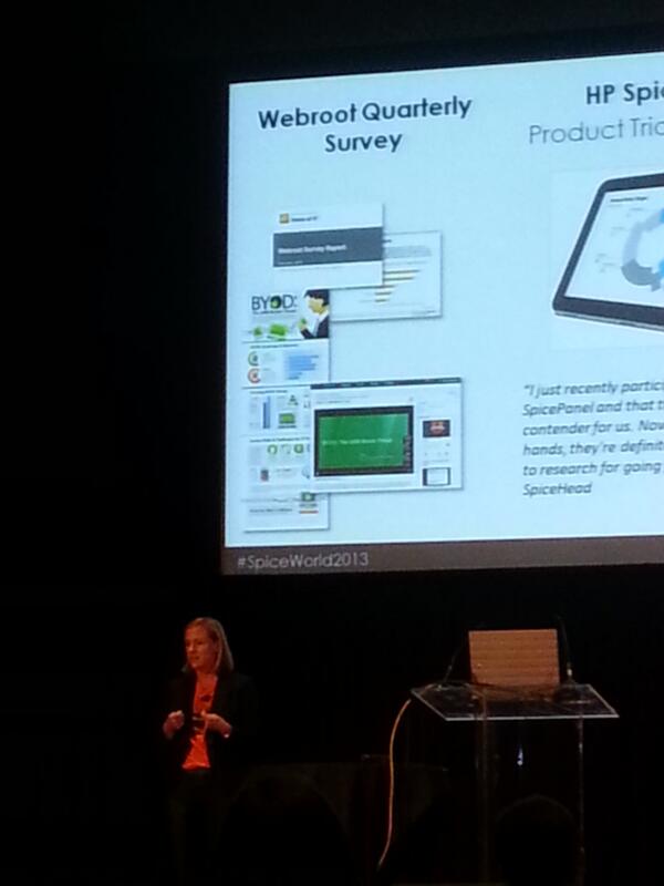 Webroot's tweet photo. So proud! Our quarterly survey/infographic/webinar are shown as a best practice for tech marketers @ #SpiceWorld2013 http://t.co/OGfsHRNATq