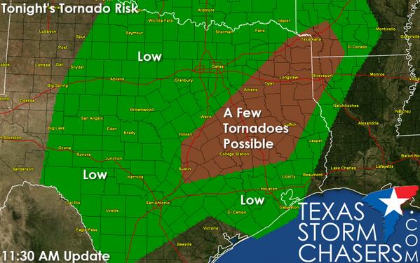 11:45 AM: SPC added a tornado risk for tonight across C/E TX. Not a major threat, but something to watch. #txwx