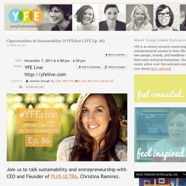 yfentrepreneur's tweet photo. #YFEchat @christinir Founder of #plusultra speaks on sustainability Nov 7th at 6pm ! #gogreen #gochristina by hel... http://t.co/ETWLxXU8oF