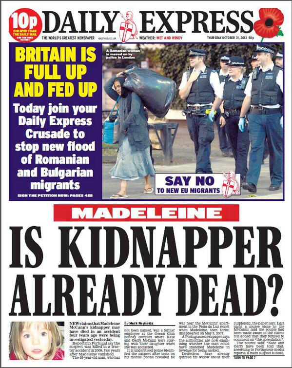 DAILY EXPRESS FRONT PAGE: "Madeleine: Is kidnapper already dead?" #skypapers