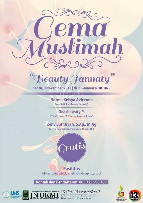 tanggal 9 Nov ada Gema Muslimah , bedah buku Beauty Jannaty d RSU FT . cc <a href="/JNUKMIUNS/">JN UKMI UNS 2022</a> <a href="/semarnews/">Tabloid SebelasMaret</a> @BEM_UNS <a href="/MuslimahUNS/">Kemuslimahan UNS</a>