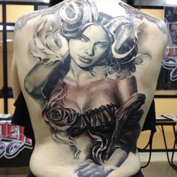 Realistic Pin Up Girl Devil Tattoo - Carlos Torres - http://goo.gl/Hhjs9Y.